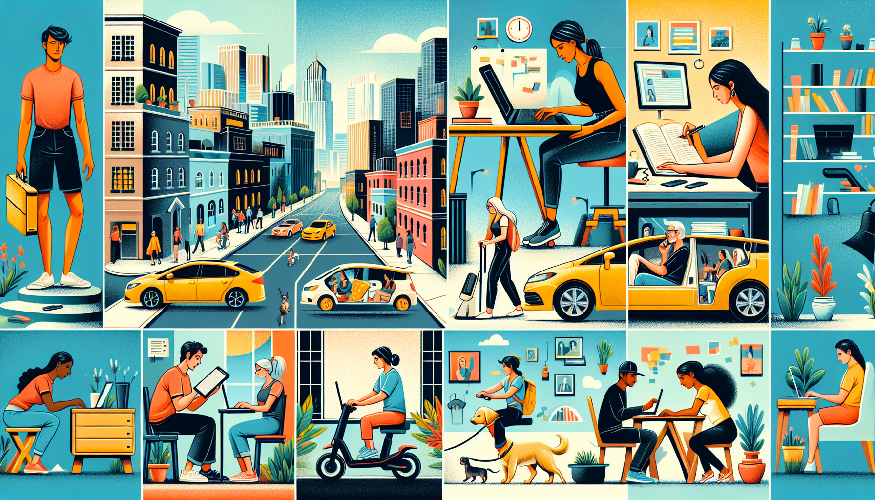 Create an image showing various individuals engaged in flexible second jobs. Depict a freelancer writing on a laptop, a rideshare driver picking up a passenger, a virtual assistant working from home, an online tutor teaching through a video call, and a person dog walking. The backdrop should suggest different times of the day to emphasize flexibility. The setting should be a dynamic cityscape with both residential and commercial elements, highlighting the diverse opportunities available. Include elements such as books, pets, vehicles, and digital devices to illustrate the nature of each job.