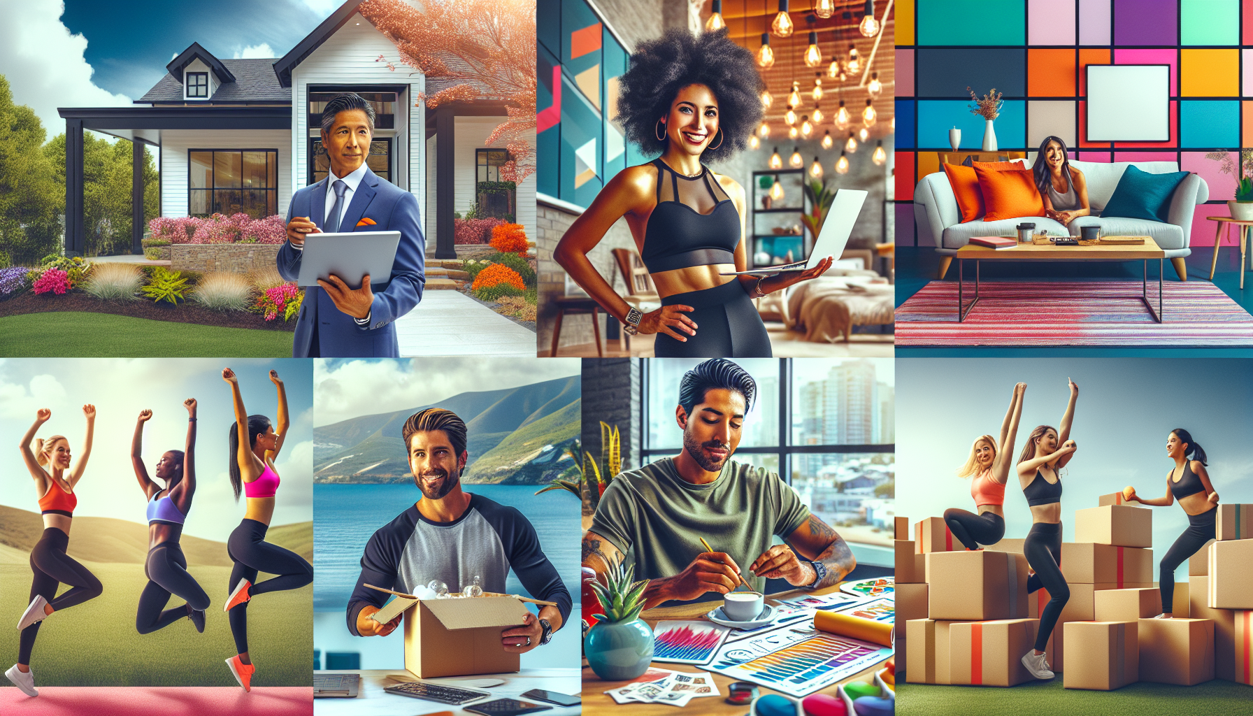 Create an image of a diverse group of people each engaging in their high-paying second jobs in a visually appealing montage. Include a dynamic real estate agent showing a property, a creative event planner setting up a decorated venue, a talented graphic designer working on a visually striking design, a passionate fitness instructor leading a class, and an entrepreneurial e-commerce seller packing products for shipping. Ensure the scene is vibrant and lively, showcasing the rewarding and profitable nature of these roles. Text overlay could read: High-Paying Second Jobs to Maximize Your Earnings.