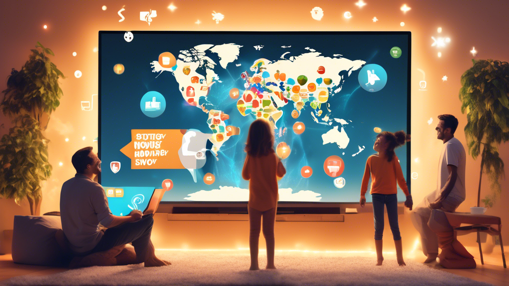 Create an image depicting a happy family enjoying streaming movies and TV shows on a large screen while around them are floating digital icons representing different countries. Emphasize a globe or world map background with points lighting up to show VPN Nord