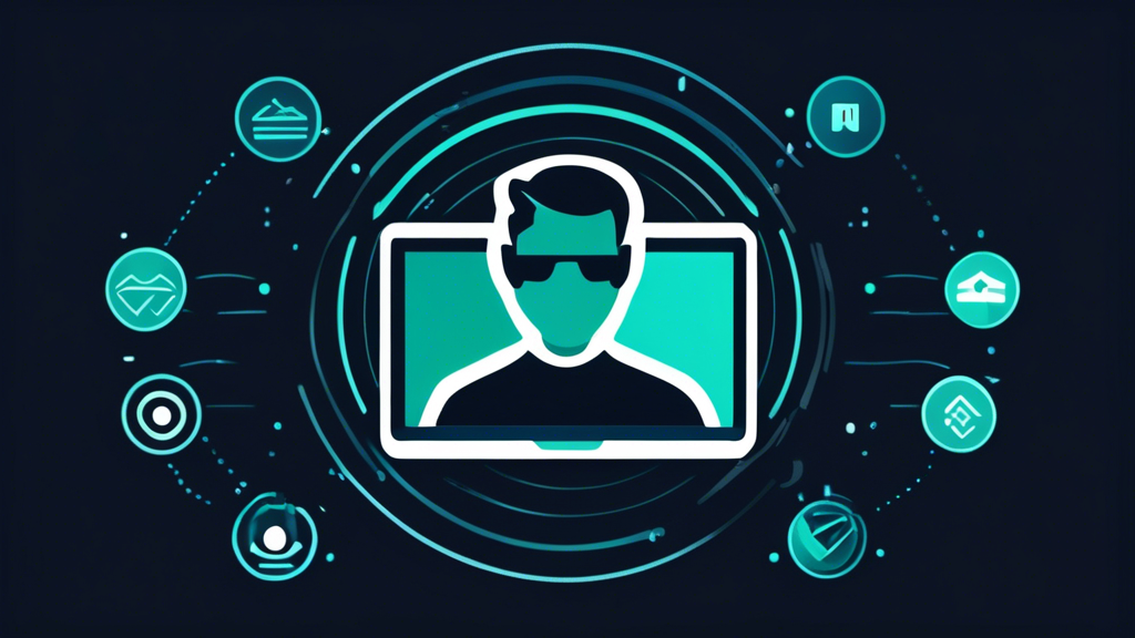 Create an image showing a person using a laptop with a shield icon on the screen, representing improved privacy and anonymity. The background should display a digital matrix-like pattern symbolizing data security. Include a 