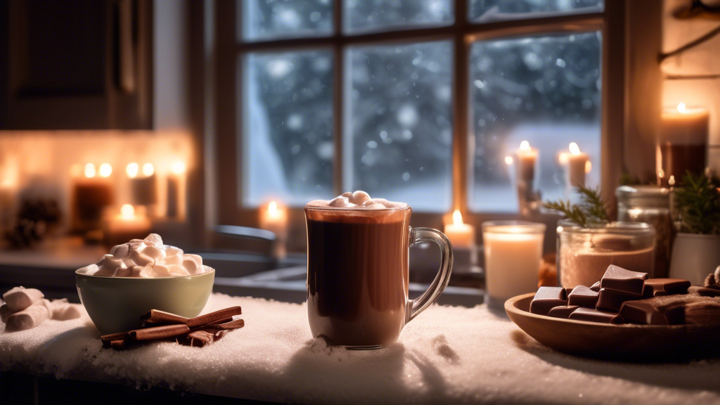 Create an image of a cozy winter kitchen scene where a person is preparing a mug of sugar-free hot chocolate. The countertop is scattered with various ingredients like sugar-free chocolate bars, alternative sweeteners, and a small carton of plant-based milk. There is a soft glow from the overhead lights, creating a warm ambiance. In the background, a frosty window shows a snowy landscape. Focus on showing the technique for achieving a creamy texture, perhaps by using a small whisk or blender. Include details like a bowl of sugar-free whipped cream and a jar of low-calorie marshmallows to suggest customization options.