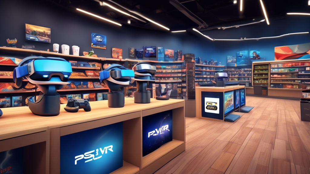 Create an image of a dynamic and vibrant scene that showcases both online and brick-and-mortar stores offering PSVR for sale. The scene should include popular online stores like Amazon, Best Buy
