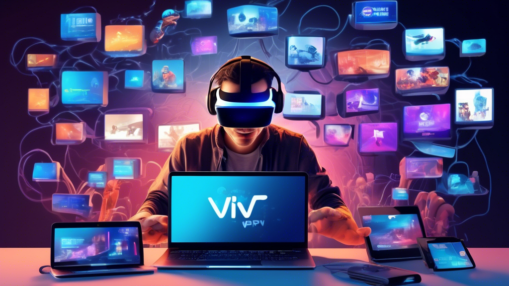 Create an image that shows a person surrounded by multiple screens and devices, actively searching for the best PSVR deals online. The person is using price comparison tools on a laptop, browsing deal websites on a tablet, and checking forums on a smartphone. The overall scene should have a dynamic and somewhat hectic feel, with pop-up notifications indicating special discounts and events for PSVR. Highlight elements like price tags, percentage-off symbols, and calendar icons to emphasize timing and deals.