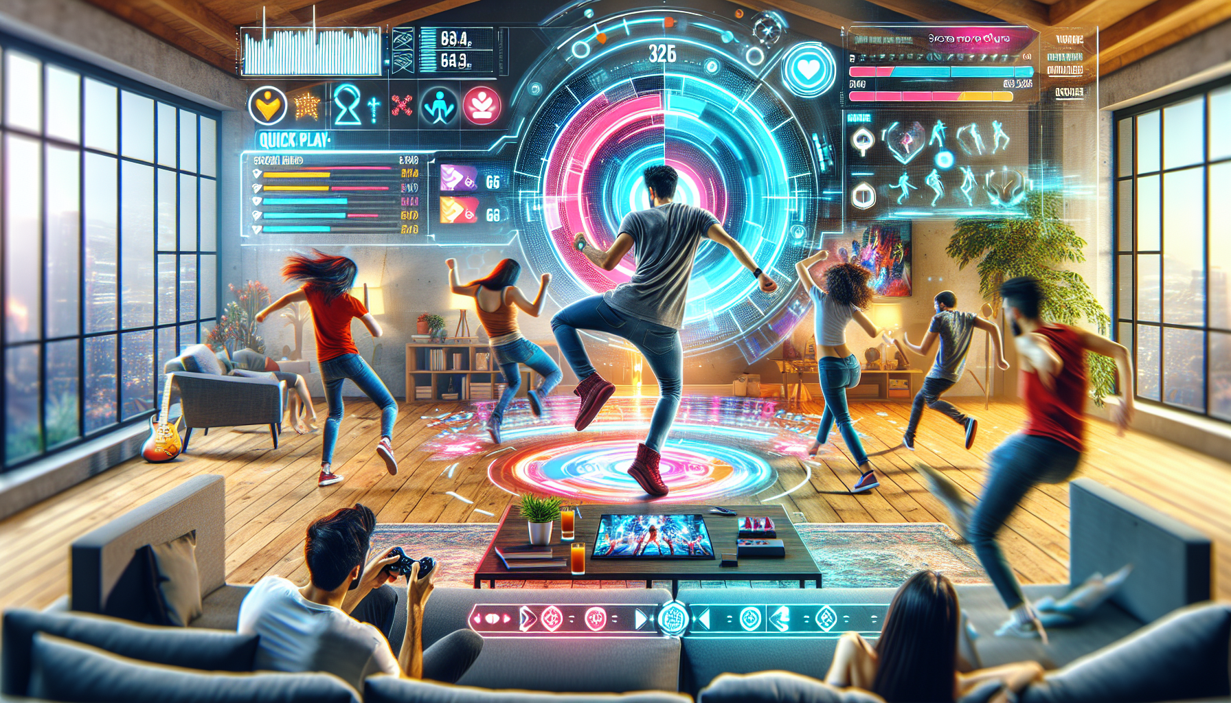 A high-energy scene from Just Dance 2022 on PS4, featuring players in their living room, dynamically engaging with the game. The image should showcase the vibrant user interface and gameplay mechanics, including a player achieving a perfect score. Capture the excitement with different game modes displayed on the screen, like Quick Play and World Dance Floor. Highlight the advanced strategies with visual cues, score multipliers, and combo streaks, emphasizing the competitive aspect of mastering the game.