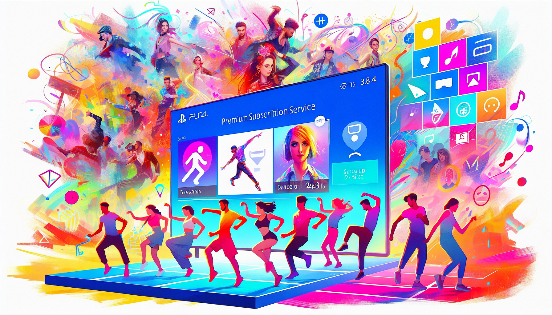 Create an image depicting a vibrant scene from Just Dance 2022 on PS4 showcasing various features. Include dancers engaging in diverse choreographies on-screen, surrounded by colorful and dynamic backgrounds tailored to different music tracks. Highlight the Just Dance Unlimited subscription options on the interface. Show players dancing together, both online and locally, with customized avatars and dancer cards visible. Add speech bubbles or interface icons indicating multiplayer connectivity and community interaction to emphasize the social aspect. Ensure the PS4 console is subtly included in the scene.

Keyword: just dance 2022 ps4