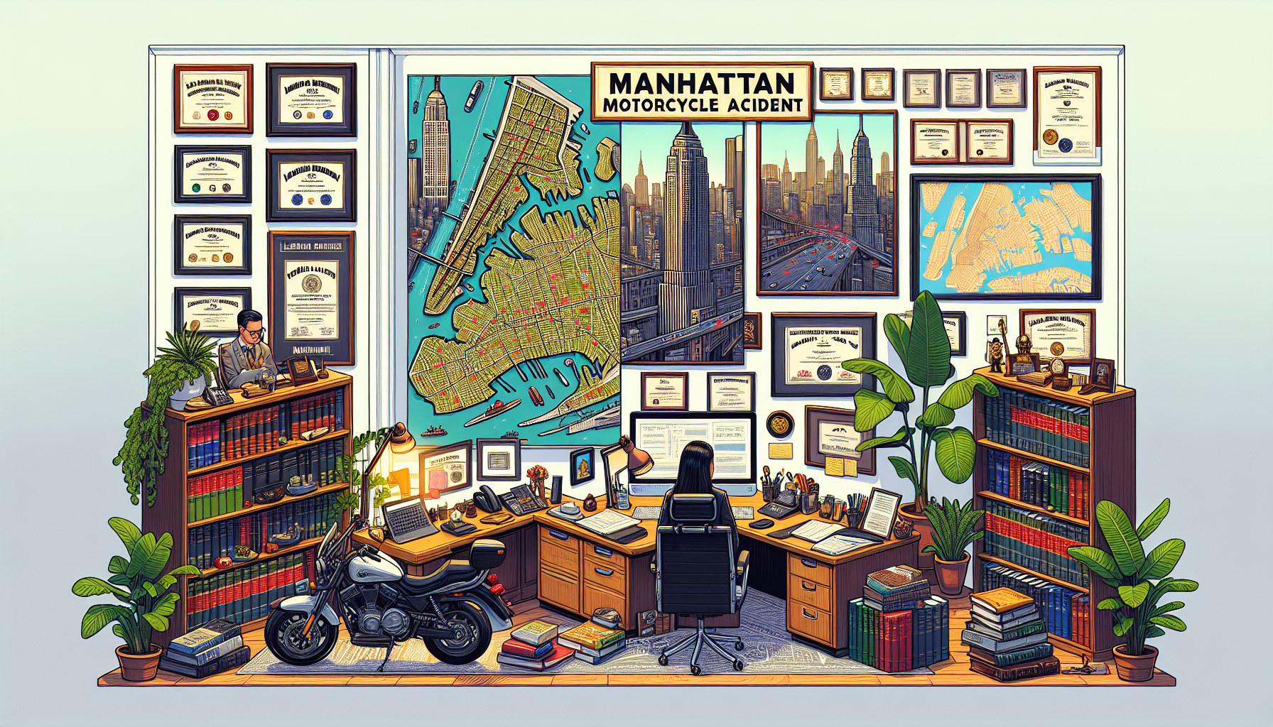 Detailed illustration of a highly experienced Manhattan motorcycle accident lawyer