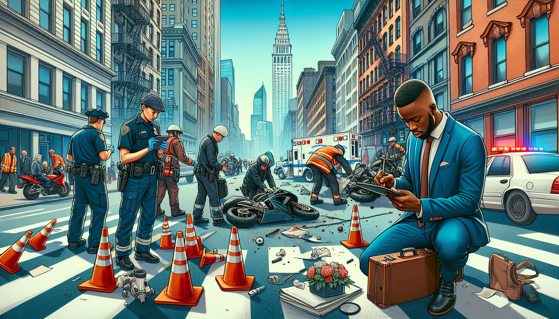 Visualize a bustling Manhattan street scene post-motorcycle accident. Emergency responders are on-site, a rider is documenting the scene with a smartphone, while carefully placed safety cones mark the perimeter. Nearby, the rider prepares notes for an upcoming consultation, capturing vital details amidst the backdrop of iconic Manhattan architecture, reflecting urgency and the immediacy of documenting evidence for legal use.