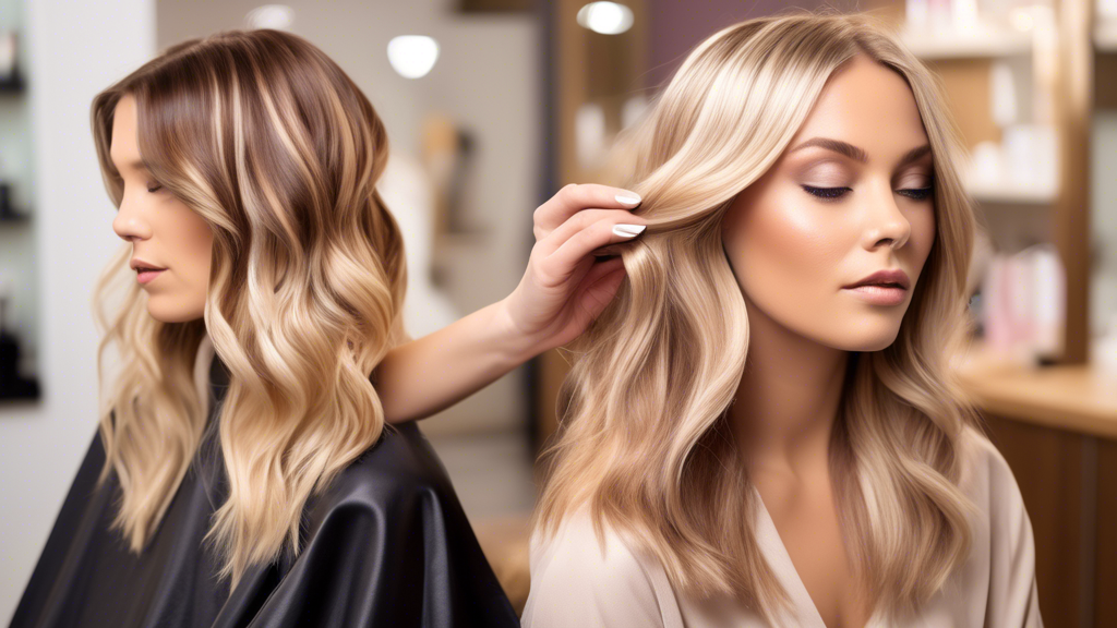 Create an image showcasing a modern hair salon where a stylist is applying blonde foil colours using various popular techniques such as balayage, ombre, and traditional highlights. Depict different hair trends for the seasons, with vibrant autumnal shades, soft pastels for spring, sun-kissed hues for summer, and cool tones for winter. Include a few close-up shots of the foil application process and the final looks to highlight the diversity and beauty of each technique. Keywords: blonde foil colours, balayage, ombre, highlights, hair trends.