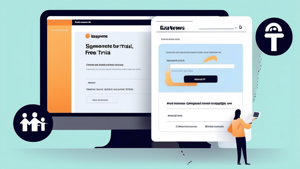 Create an image that illustrates a step-by-step guide for signing up for the Easynews free trial. The scene should show a computer screen with the Easynews website open, a person registering an account with username and password fields. There should be a clear 