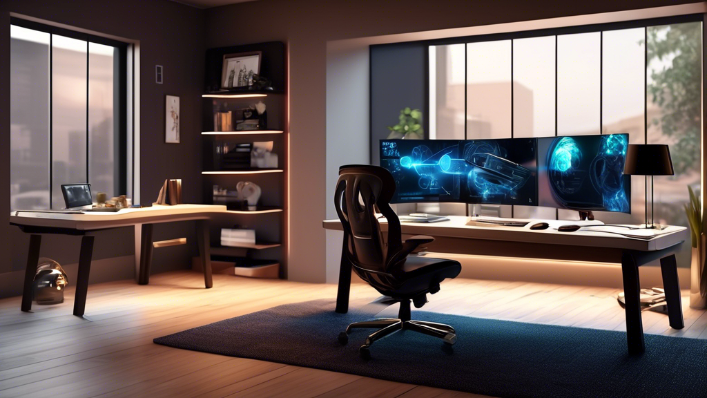 Create an image depicting a visually appealing and modern home office setup that showcases the benefits of fiber optic internet (Glaskabel Internet). The scene should include a sleek computer with a high-definition display streaming video content, accompanied by a gaming console displaying vibrant graphics. In the background, highlight elements symbolizing stability and reliability—such as a robust router with glowing fiber optic cables and a wall chart showing fast internet speed metrics. Additionally, include a window with a view of a small town or countryside, subtly indicating the expansion of fiber optic internet availability in rural areas. The overall atmosphere should suggest a future-ready and connected lifestyle.