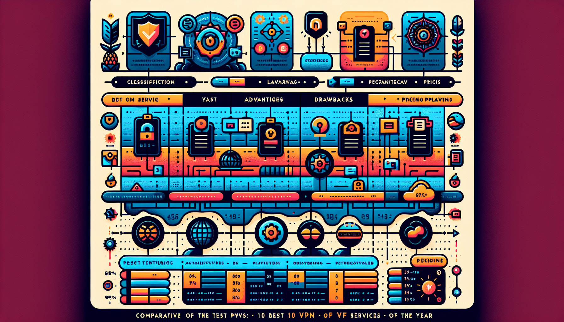 Create an image that showcases a visual comparison of the top 10 VPN services of the year. The image should include a neatly organized table or chart with columns for each VPN, displaying important information such as name, classification, pros, cons, and pricing plans. Each VPN entry should be accompanied by a small logo or icon for visual recognition. Highlight the key benefits of each VPN with icons and brief descriptions to make the information easy to digest. Use a modern and clean design with a professional color palette. Include a header that reads Comparativa de los 10 Mejores VPN del Año.