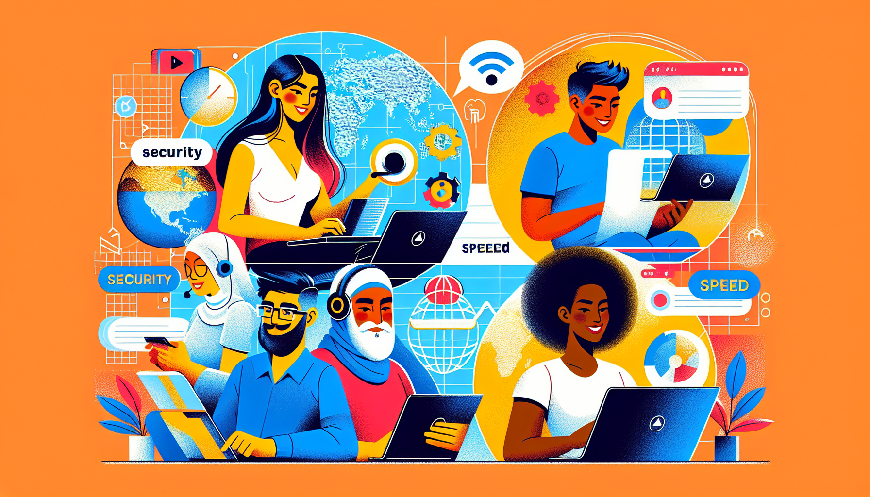 A vibrant, modern illustration featuring a variety of people engaging in different online activities such as gaming, streaming, and browsing highlighted on their individual devices. Surround them with icons representing security, speed, and a world map. Caption at the top reads: 