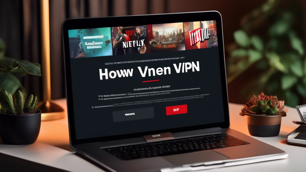 Create an image that shows a step-by-step guide on setting up a VPN for Netflix. The image should include a laptop screen displaying a VPN application, a list of server locations with a highlighted US server, and icons representing smooth streaming and troubleshooting tips. The background should subtly feature Netflix branding, with a focus on ease of setup. Title the image: How to Set Up and Use a VPN for Netflix.