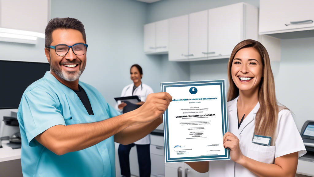 Create an image showing a truck driver happily receiving a Medical Examiner’s Certificate from a healthcare professional in a clinic setting. The driver looks relieved and thrilled, while the professional holds up the certificate with a warm smile. Background elements include a certificate framed on the wall labeled CDL Health Exam and medical equipment like a blood pressure monitor and vision chart. The room is bright, clean, and well-organized, emphasizing the positive outcome and efficiency of the exam process.