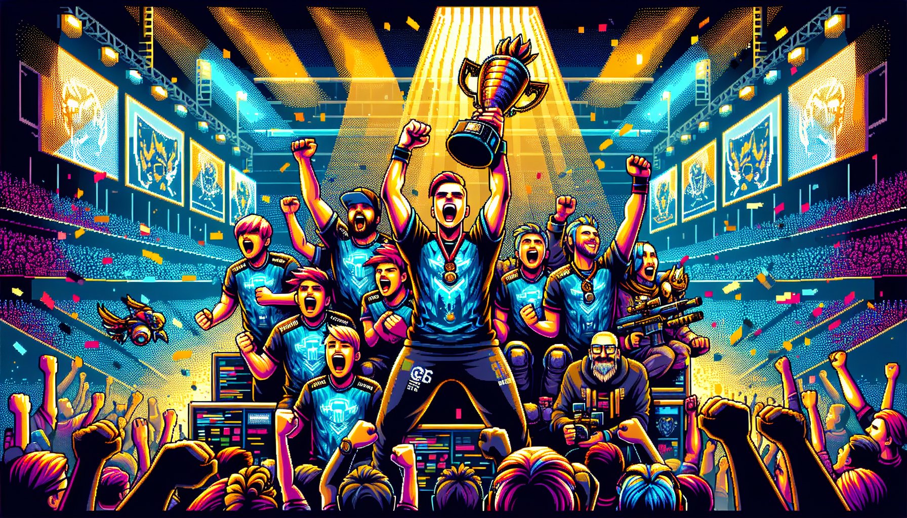 Create an action-packed image of Team Solo Mid (TSM) celebrating a major tournament victory in an esports arena. The scene should highlight jubilant players holding a championship trophy, surrounded by a roaring crowd. Key players can be depicted prominently, showcasing their emotions and excitement. Include the TSM logo displayed on screens and banners around the arena, emphasizing their dominance and influence in esports. Make sure to capture the energy and triumph of the moment, with vibrant colors and dramatic lighting to underscore the significance of their victory.