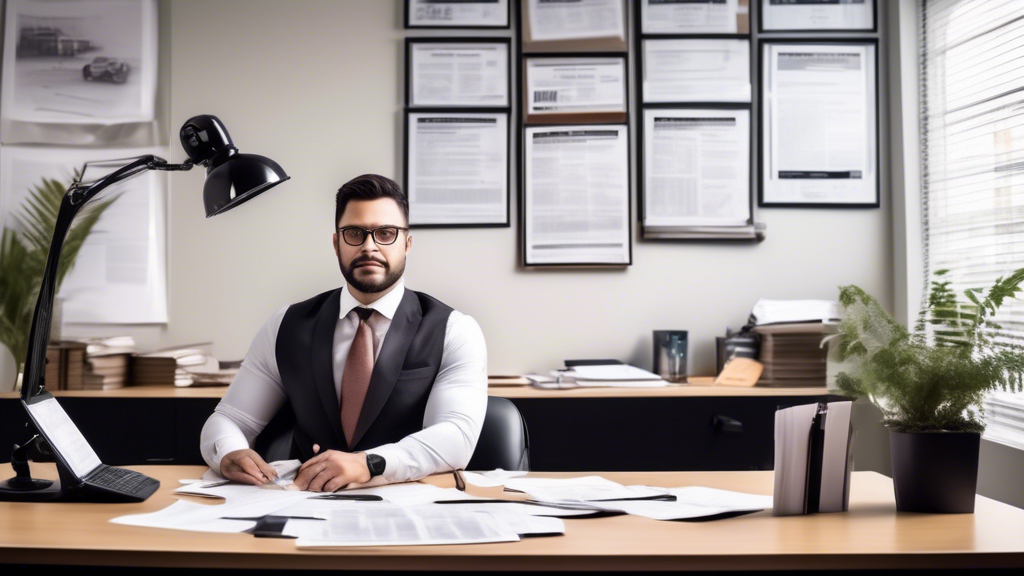 Create an image that shows a confident and professional car accident injury lawyer in a modern office setting. The lawyer should have awards and certifications displayed on the walls, a desk with neatly organized case files, and a computer open to reviews and client testimonials. Additionally, incorporate subtle elements that depict a strong reputation, such as framed newspaper articles or professional organization membership plaques. The backdrop should include shelves with legal books and subtle nods to car accident law, such as a small model car placed on the desk. The ambiance should be welcoming and distinctly convey expertise, reliability, and local knowledge.