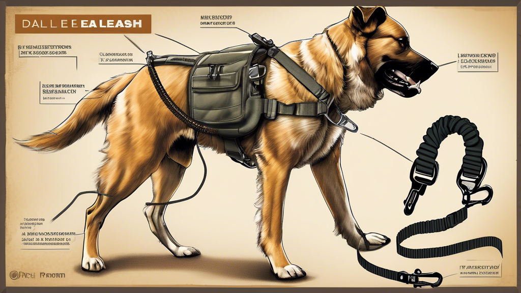 Image Prompt for DALL-E: Create a detailed illustration featuring a tactical dog leash made from heavy-duty nylon with high-quality metal hardware. The leash should be depicted under challenging outdoor conditions, such as a rugged mountain trail. Include elements that emphasize its durability and functionality, such as multiple attachment points, reinforced handles, and shock-absorbing properties. The background should showcase a handler and a dog navigating rough terrain, highlighting the leash
