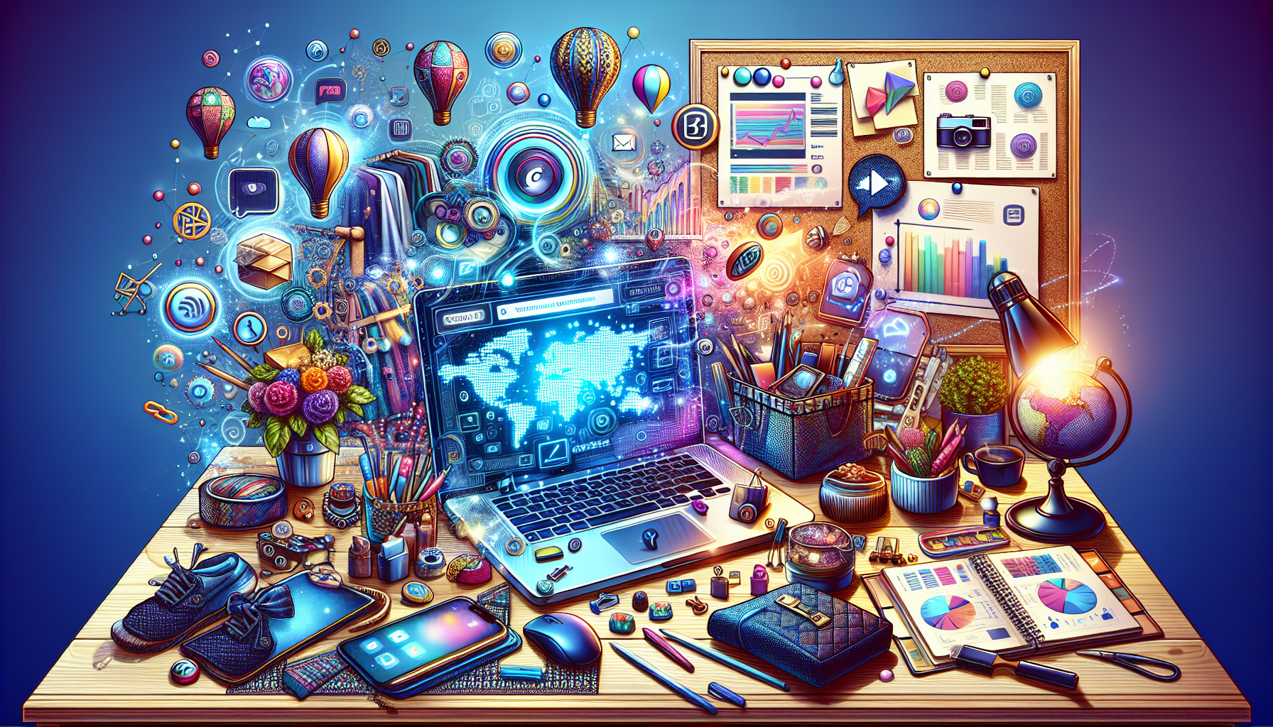 DALL-E prompt: Create an image showing a dynamic online e-commerce workspace. The scene should include a laptop with an open Shopify, Etsy, or eBay dashboard, various products such as handmade crafts, trendy tech gadgets, and home decor items arranged neatly around the desk. Incorporate elements like social media icon pop-ups, SEO charts, and marketing strategy notes pinned on a nearby corkboard. The overall feel should be vibrant and motivated, highlighting the enthusiasm of starting an online business for extra income.