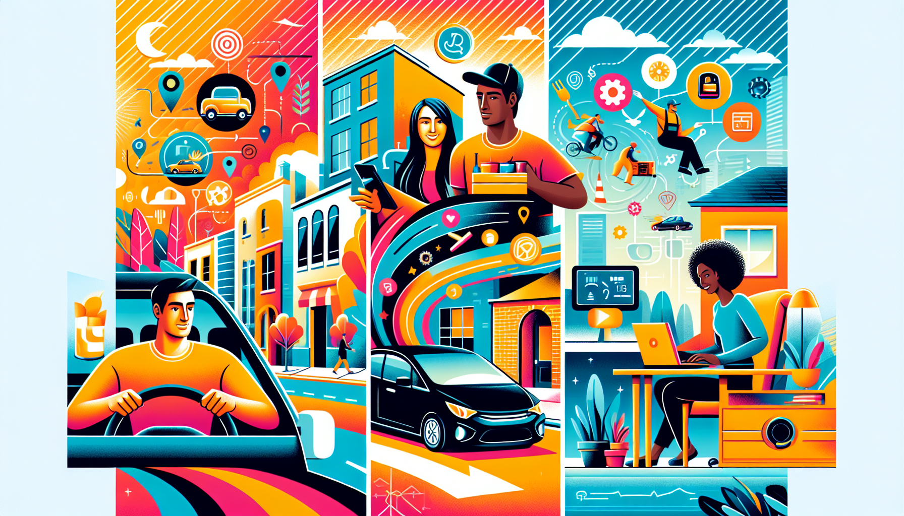 A vibrant and dynamic illustration showcasing various gig economy jobs in action. Include a diverse group of people engaged in tasks like driving an Uber, delivering food for DoorDash, and assisting someone with a home project through TaskRabbit. Emphasize the flexibility and variety of the gig economy by showing different urban settings, such as a bustling city street, a cozy neighborhood, and a tech-savvy home office. Use colorful and energetic visuals to convey the immediate earning potential and the diverse opportunities available. Add small icons or logos of popular gig economy platforms like Uber, Lyft, TaskRabbit, and DoorDash for recognizability. Keywords: flexible part-time work, gig economy, diverse jobs, extra income.