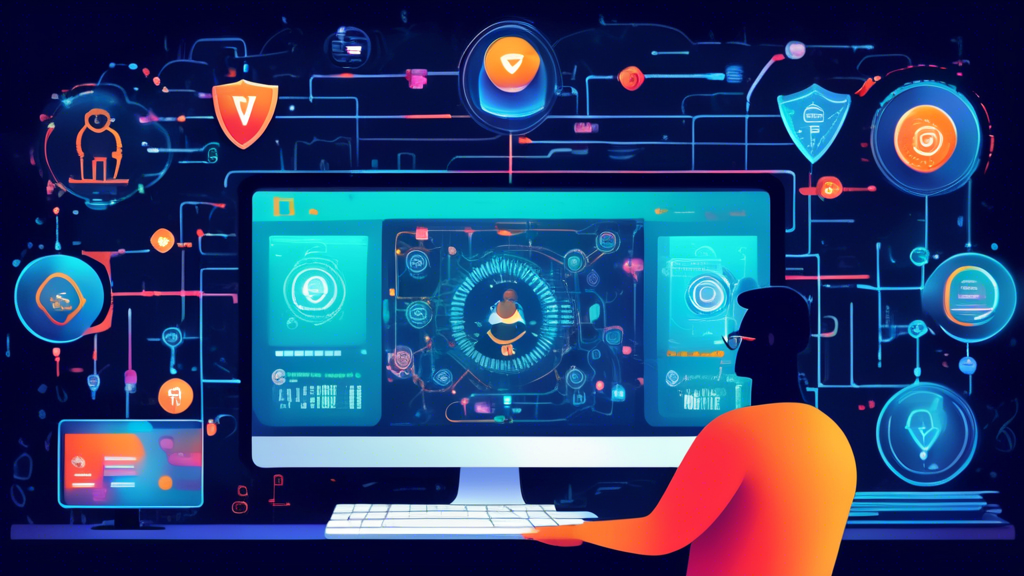 Create an illustration of a tech-savvy individual comparing different VPN service providers on a high-resolution screen, with key criteria like No-Log Policy, High-Speed Connectivity, Kill Switch, and Multi-Device Support highlighted. The background shows a cyber-security themed setting with subtle icons representing data protection, encryption, and secure connections. Use vibrant colors to draw attention to the key criteria and ensure the overall atmosphere conveys a sense of digital safety and informed decision-making.