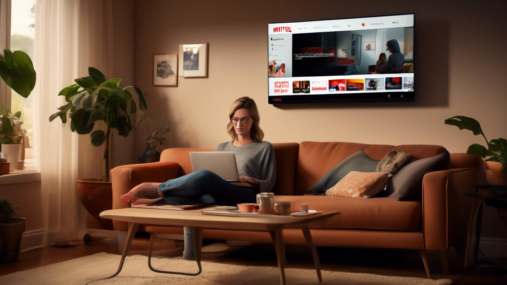 High-resolution image of a cozy living room setting with a person lounging on a couch, using a laptop. The laptop screen displays the Netflix homepage. In the background, a router and a 