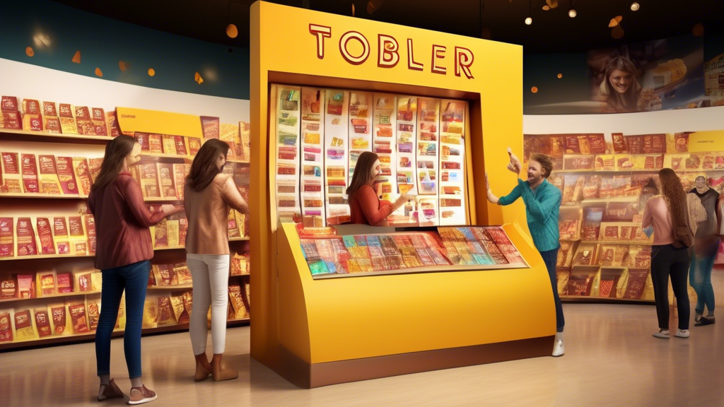 An enthusiastic customer joyfully designing their own personalised Toblerone bar at a vibrant, interactive kiosk inside a bustling chocolate shop, selecting from a variety of flavors and packaging options, while adding a special, heartfelt message on a digital screen.