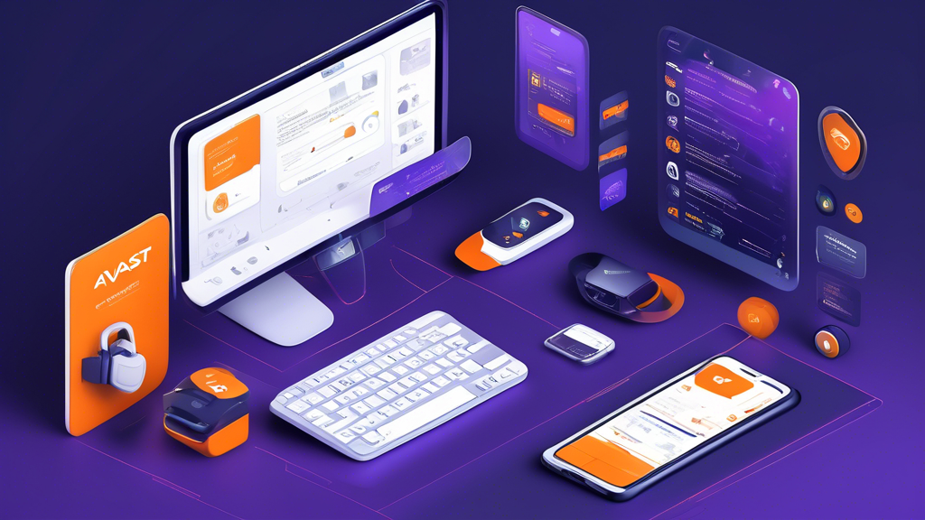 Prompt for DALL-E: Create a visually engaging digital illustration showcasing the user-friendly interface and seamless device integration of Avast Online Security solutions. The image should depict diverse devices, including a Windows PC, a Mac, an Android phone, and an iPhone, all displaying Avast’s security dashboard. Highlight the intuitive setup process and emphasize cross-platform compatibility. Include elements such as icons for customer support and simple tutorials to symbolize the ease of use and accessibility provided by Avast