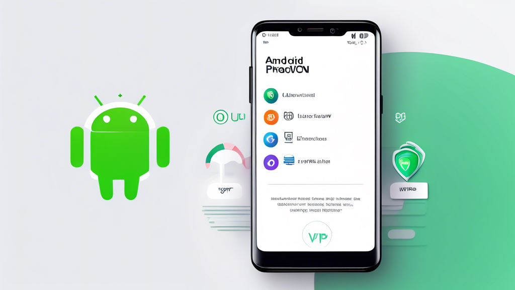 Create an image that showcases a sleek Android phone with a UI displaying essential VPN features such as a secure connection icon, fast speed meter, and user-friendly interface. The backdrop should be a collage of iconic app logos from reputable VPN services like NordVPN, ExpressVPN, and ProtonVPN. Overlay text in a clean, modern font reading Top Features to Look for in the Best Free VPN for Android.