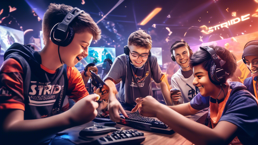 Create an image depicting a dynamic scene where young gamers are participating in a community-building event organized by Stride Esports. Show a diverse group of players engaged in various activities, such as sharing tips, playing games together, and attending a workshop on skill improvement. Include elements like Stride Esports banners, enthusiastic fans, and successful players sharing their testimonials, all in a lively atmosphere that highlights the positive impact on player development and community engagement.