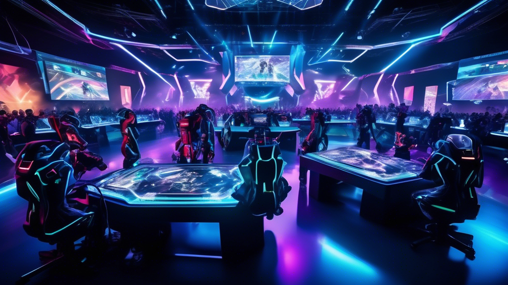 Create an image of a futuristic gaming arena filled with enthusiastic spectators, where cutting-edge technology like holographic displays and virtual reality headsets are prominently featured. In the center, highlight a championship match with players wearing advanced gaming gear, showcasing Stride Esports