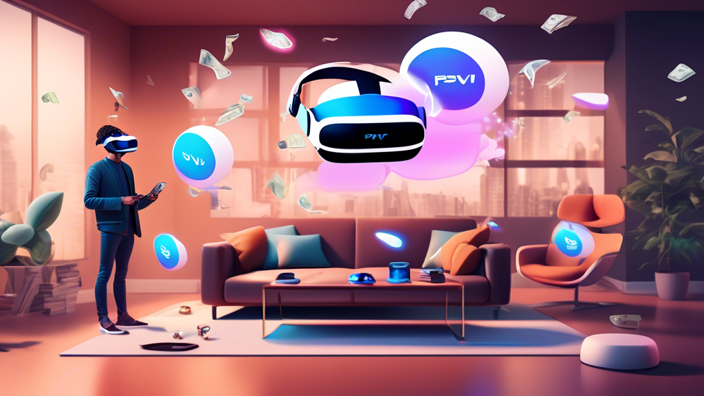 Create an image depicting a sleek, modern living room where a user is engrossed in a VR experience with the PSVR2. On one side, display a balanced scale with the PSVR2 headset and controllers on one side and a stack of dollar bills on the other, symbolizing the cost vs. benefit analysis. In the background, include thought bubbles showcasing user and expert review quotes, as well as potential future-proofing elements like upgrade options. Ensure the room is bright and inviting to emphasize a positive user experience.