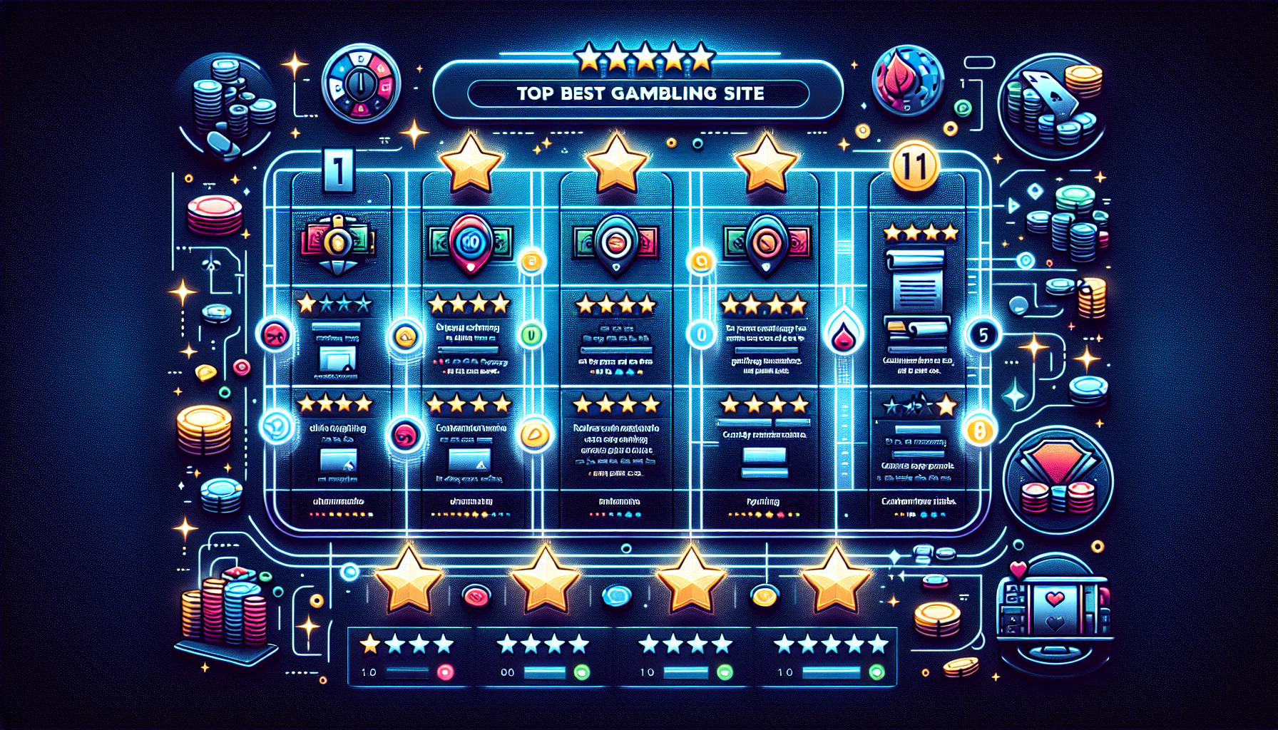 A DALL-E prompt for point #2 (Top 10 Best Gambling Sites: A Comprehensive Review) might look something like this:

Create an image that showcases a digital ranking board of the top 10 best gambling sites. Each site should be represented with its logo, a star rating, and a brief pros and cons list. The background should have a sleek, modern casino theme, incorporating elements such as playing cards, chips, and slot machine icons. Additionally, include a section where customer feedback snippets and ratings are visually displayed for each site.