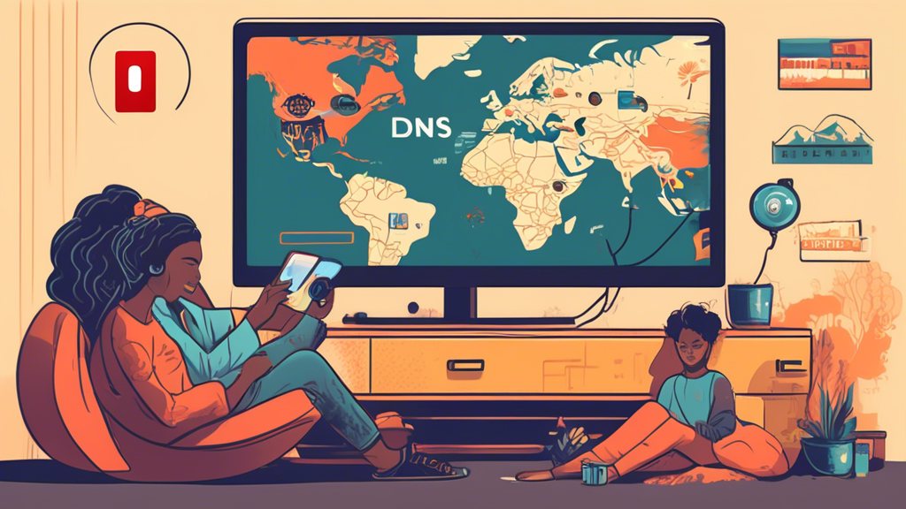 Prompt for DALL-E:

Create an illustration that highlights the benefits of using a Smart DNS Proxy for Netflix. The image should show a user happily streaming diverse Netflix content from different countries on various devices, such as a TV, laptop, and smartphone. Incorporate elements that represent bypassing geographical restrictions, such as a globe with unlocked padlocks on it. Include text that says 
