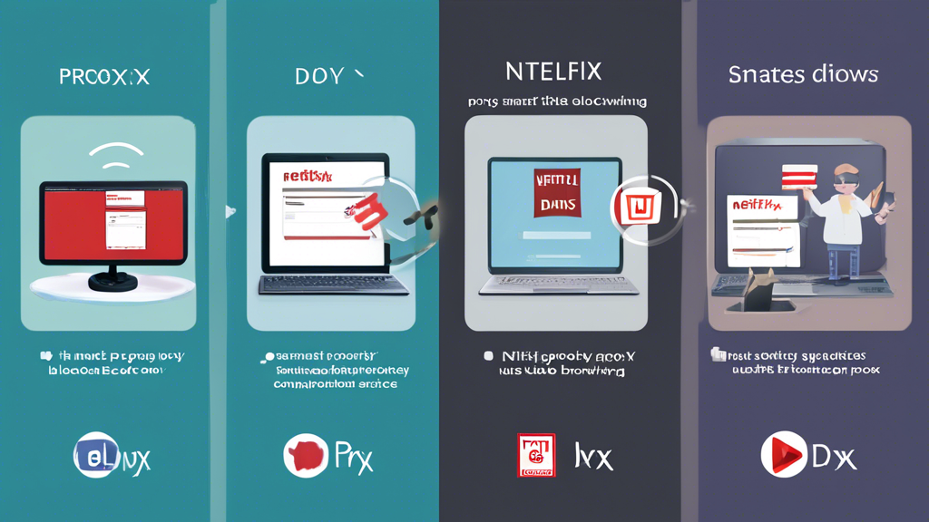 Prompt: A detailed, step-by-step illustration showing how to unblock Netflix using a Smart DNS Proxy. The image should depict three stages: 1) Selecting an appropriate Smart DNS Proxy service with a user browsing options on a computer screen. 2) Setting up the Smart DNS Proxy on various devices, including a smartphone, tablet, and smart TV, with a clear, easy-to-follow interface. 3) Troubleshooting common issues with Netflix unblocking, showing a user resolving errors with guidance on a laptop. The visual style should be clean, modern, and user-friendly, emphasizing clarity and ease of use.