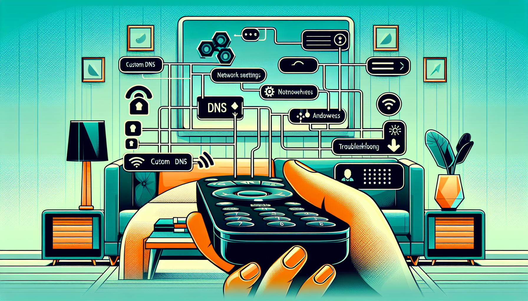 Create an image depicting a close-up view of a Fire TV user interface, with a step-by-step guide overlay illustration. The image should include sections showing tools and settings required to configure custom DNS, like the network settings page, input fields for DNS addresses, and icons for troubleshooting tips. The background should be a modern living room with a cozy atmosphere, emphasizing the ease and importance of the setup process for optimizing streaming performance.