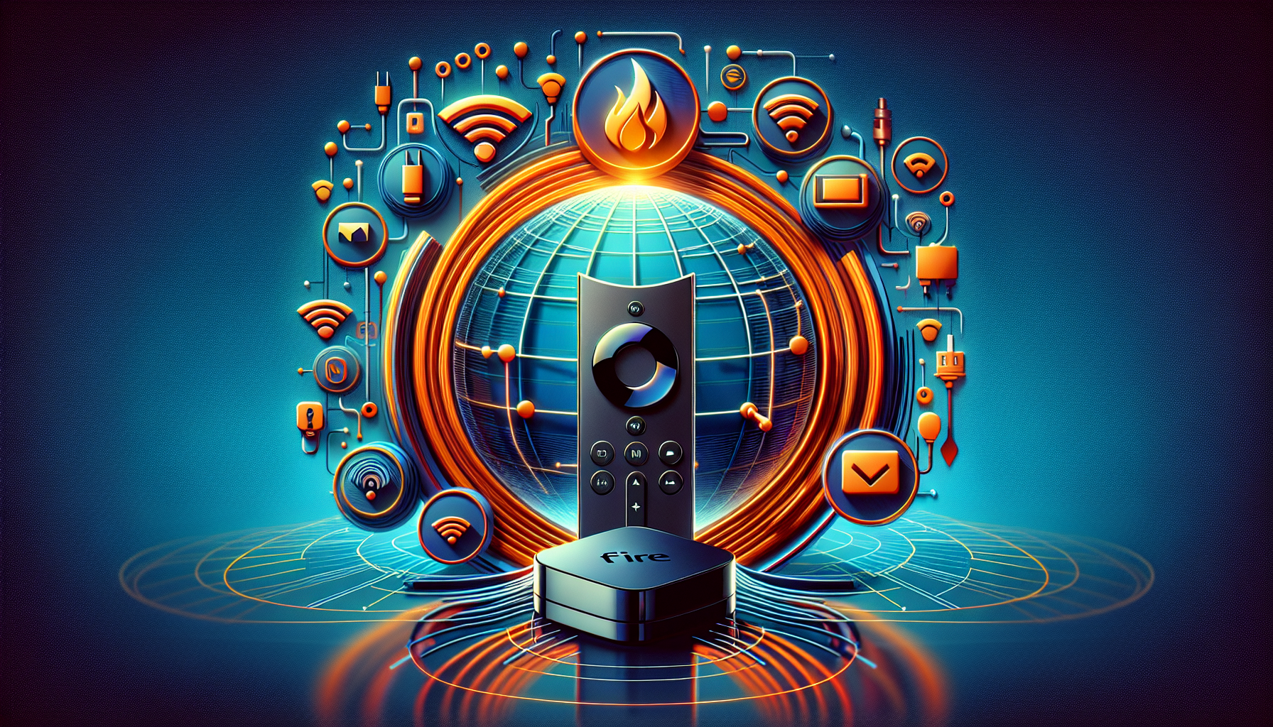 Create a high-resolution digital illustration showing a Fire TV device surrounded by various connectivity symbols such as DNS servers, VPN icons, and Wi-Fi signals. The background includes a stylized globe to represent global access and optimization. The scene should convey the idea of optimizing performance and enhancing streaming experience through custom DNS settings and additional network optimizations.