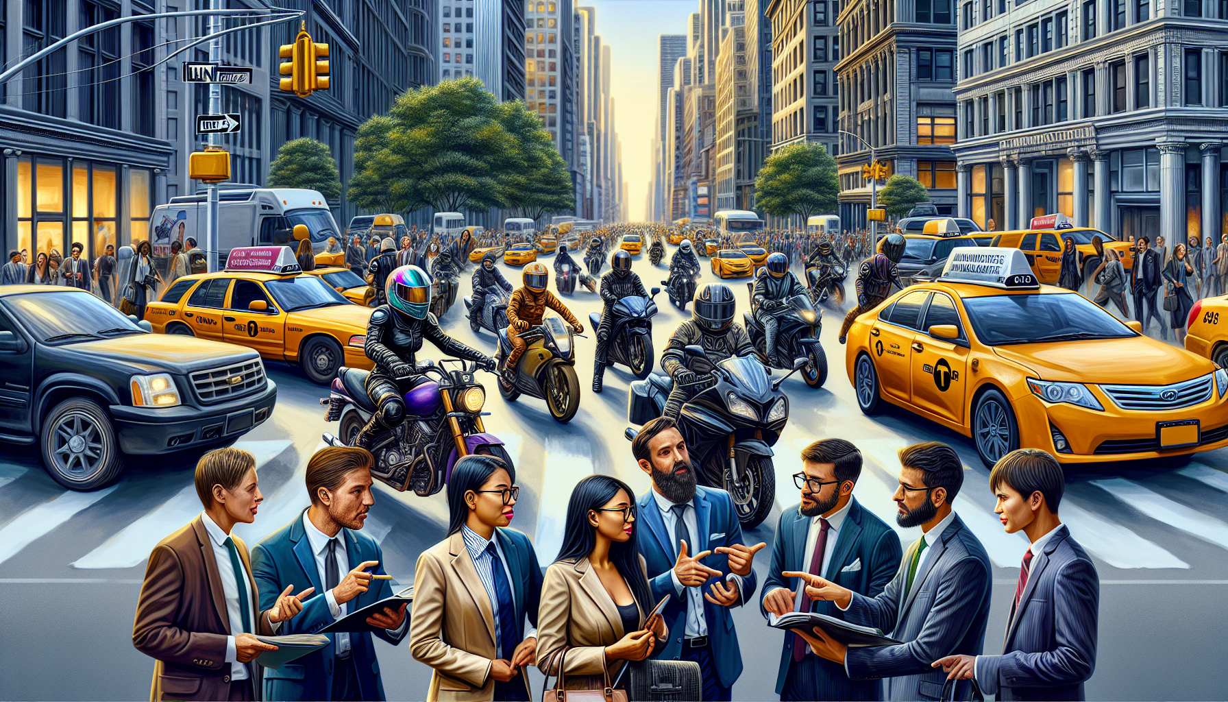 DALL-E prompt: Illustrate a busy Manhattan street scene with a diverse array of people, including a potential client, consulting with various motorcycle accident lawyers. Each lawyer should have a different expression and be gesturing in a way that highlights their unique approach to handling cases. Include Manhattan-specific traffic elements like yellow cabs and traffic lights, symbolizing the local expertise and knowledge of Manhattan-specific traffic laws. The image should convey a sense of urgency and the critical nature of selecting the right lawyer experienced in Manhattan motorcycle accidents.
