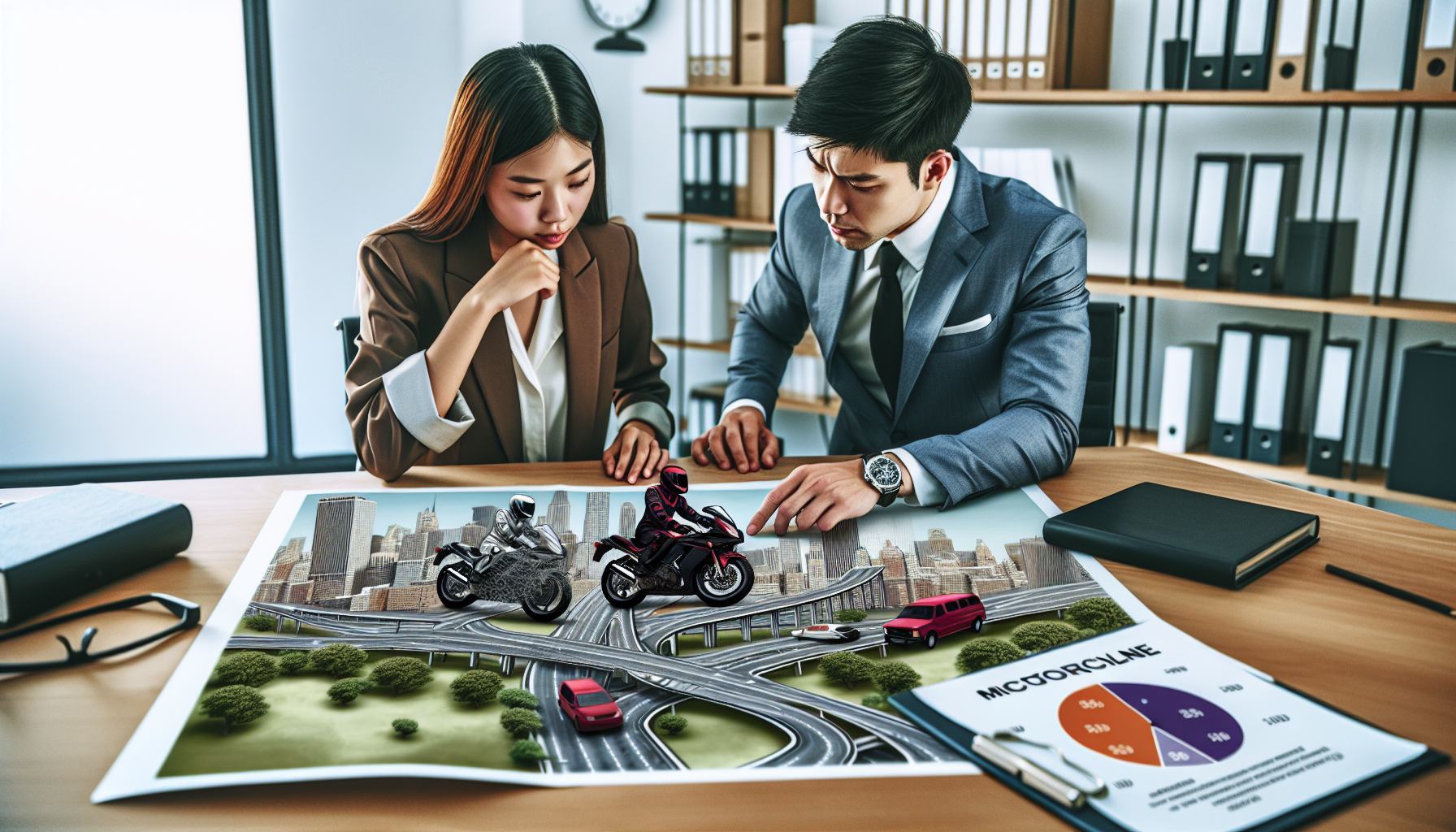 Client meeting a Manhattan motorcycle accidents lawyer in an office, arranging documents and discussing a detailed map of a motorcycle accident scene in Manhattan, showcasing realistic expectations and timeline charts for the case.