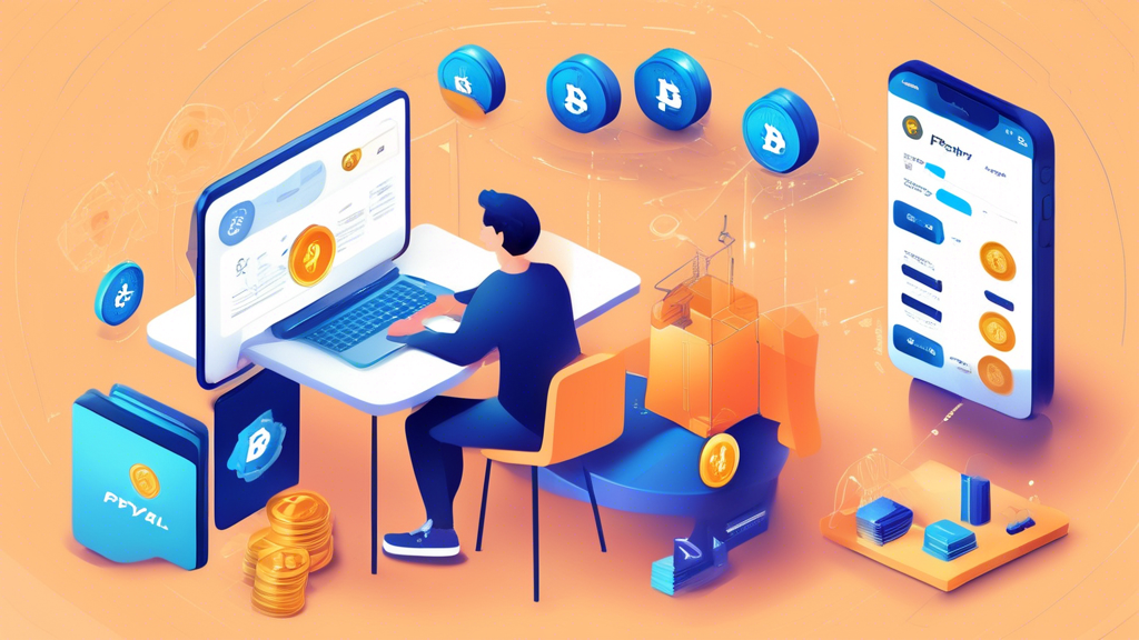 Create an informative and visually engaging illustration that depicts the step-by-step process of buying cryptocurrency with PayPal. The image should include the following elements: 

1. A person sitting at a computer with their PayPal account open, clearly showing a user-friendly interface.
2. Icons representing various cryptocurrencies available for purchase (like Bitcoin, Ethereum, etc.).
3. A checklist or infographic style that outlines the steps: setting up the PayPal account, selecting a crypto platform that accepts PayPal, and executing the purchase.
4. A visually appealing depiction of digital currency transactions, emphasizing ease and accessibility.
5. A clear and modern design that conveys trust and security in the process of buying crypto using PayPal.

Make sure to use a color palette that aligns with both PayPal and cryptocurrency themes to enhance the visual appeal and coherence.