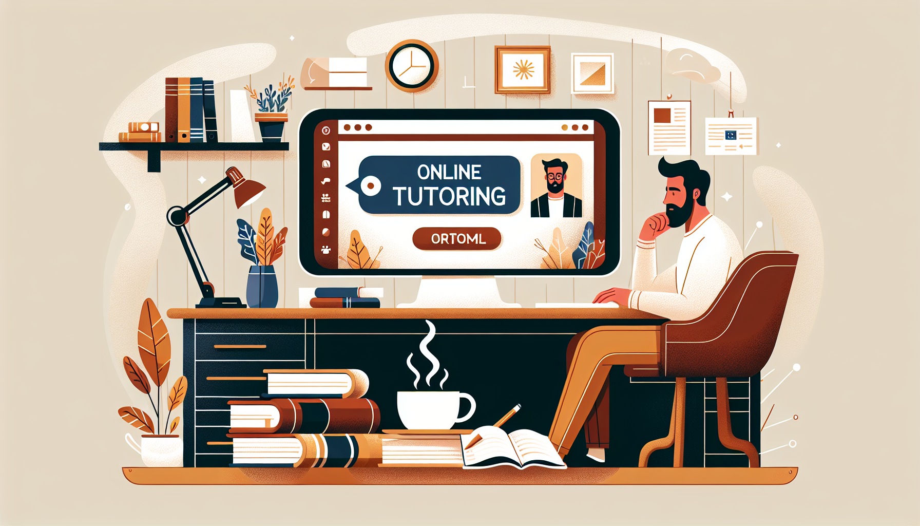 An inviting and cozy home office setup with a computer displaying the Tutor.com logo on the screen, surrounded by books, a notepad, and a cup of coffee, with a person visibly engaged in an online tutoring session.