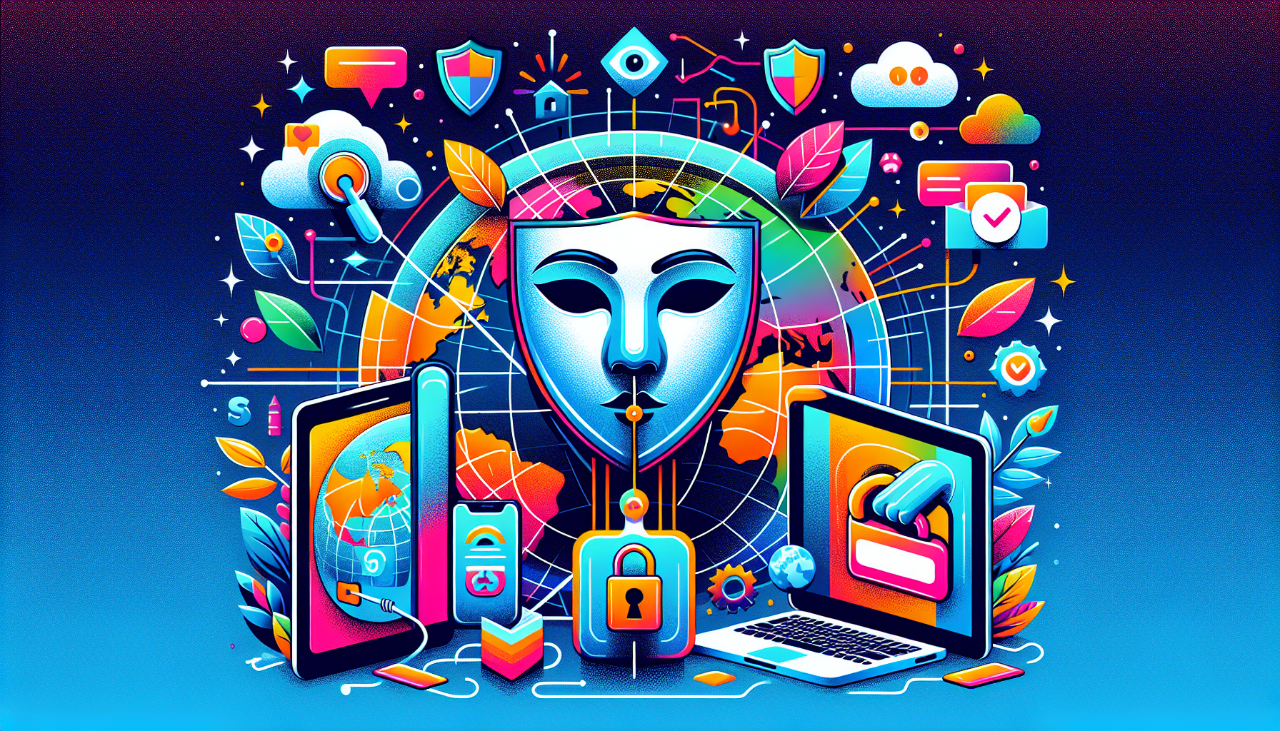 Create an image showing the advantages of using a free online VPN. Illustrate the concepts of anonymity and privacy with icons like a masked face and a shield. Also, include elements that represent accessing geographically restricted content, such as a globe with different country flags and a lock being opened. Additionally, show ease of use with multiple devices like a smartphone, tablet, and laptop connected to a single VPN source.