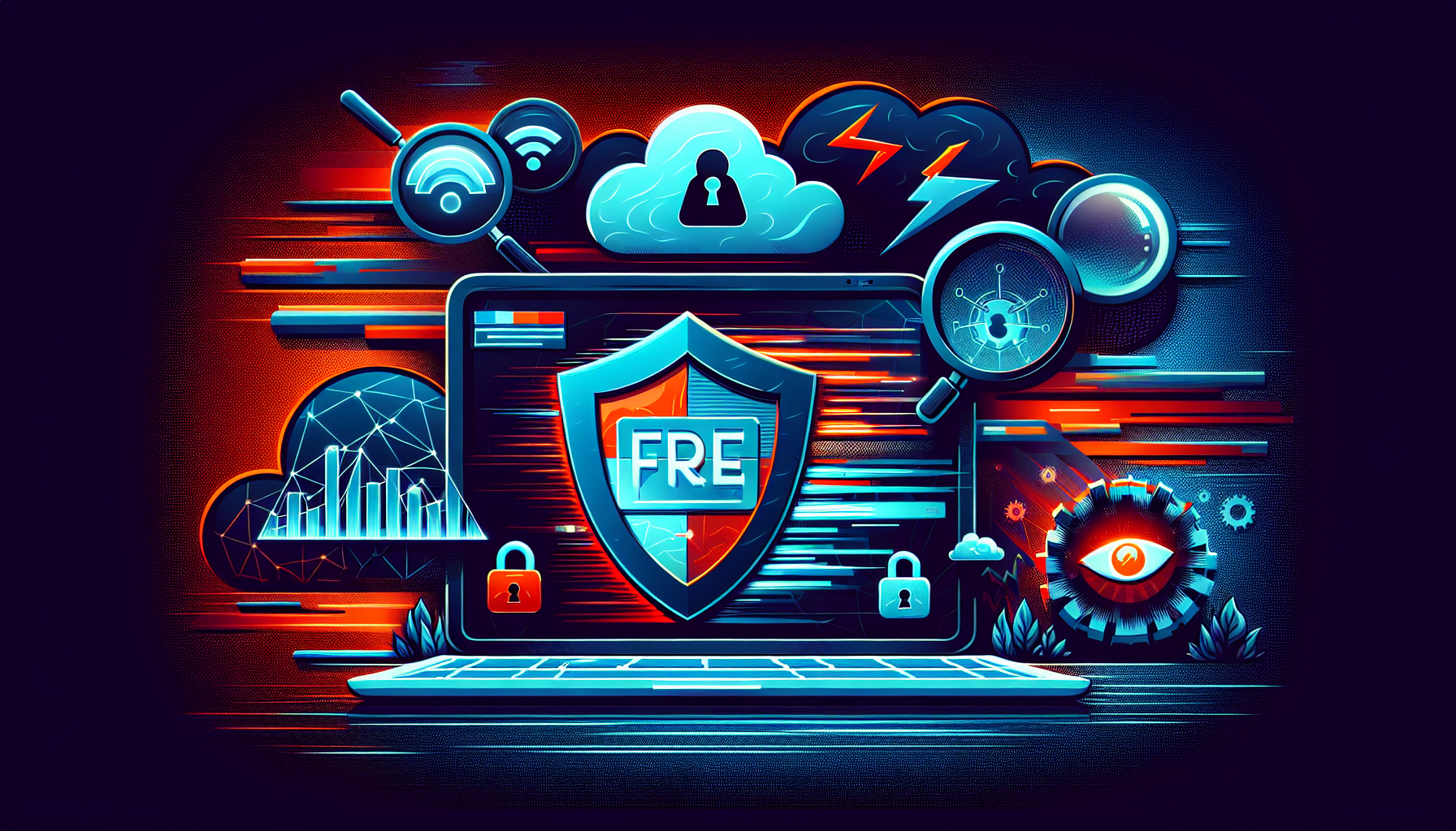 Create an illustration showing the downsides of using free online VPNs: slow internet speeds represented by a buffering symbol on a computer, a cracked shield symbolizing security concerns, and a magnifying glass over a data leakage icon indicating potential privacy risks. The background can be a contrast between a dark, ominous section showing the risks and a lighter, neutral section displaying the VPN symbol.