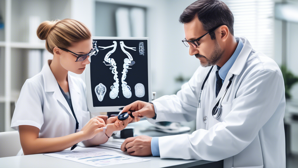 Create an intricate and informative image showcasing the key components of a DOT Medical Physical Examination. The image should feature a medical office setting with a professional healthcare provider conducting various tests including a vision test with an eye chart, a hearing test using an audiometer, and a blood pressure check with a sphygmomanometer. Additionally, include visual elements representing health criteria such as a chart listing common health qualifications and disqualifications. Incorporate illustrative documentation and forms to highlight the administrative aspect of the process. The overall vibe should be educational and reassuring, emphasizing the thoroughness and importance of the examination.