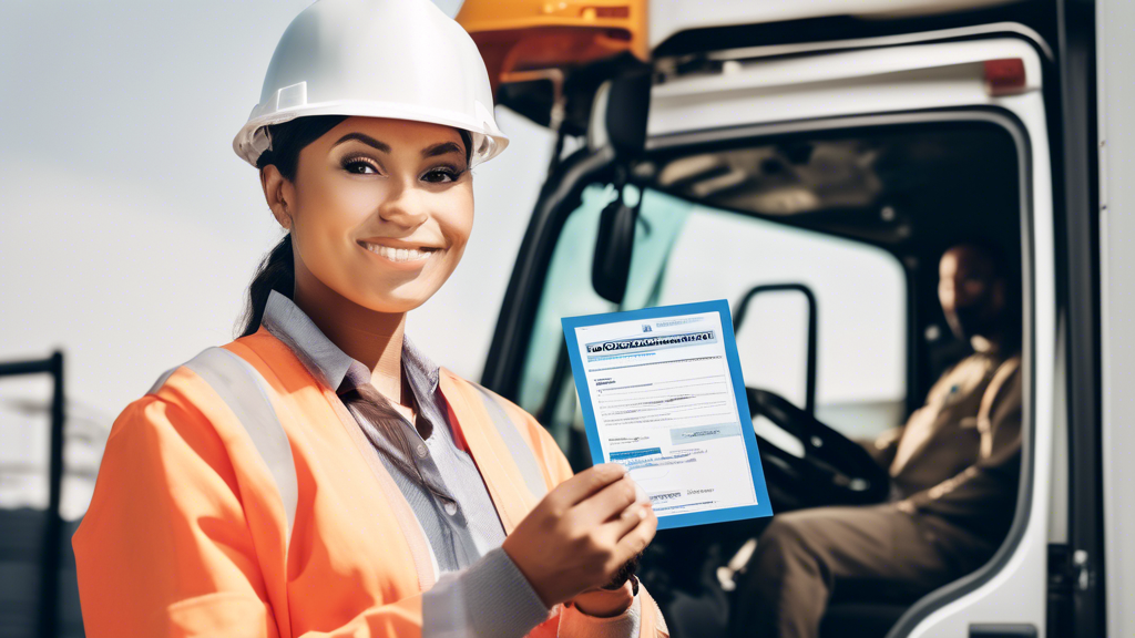 Create an image that shows a professional truck driver holding a DOT medical certification card with a checklist in the background. The checklist should include items like Regular Medical Check-ups, Safety Compliance, and Legal Requirements. The driver should look confident and relieved, symbolizing the importance of maintaining their certification. The scene should be in a clinical setting with medical equipment subtly visible to emphasize the medical aspect. Tags: DOT Medical Physical, truck driver, medical certification, safety compliance.