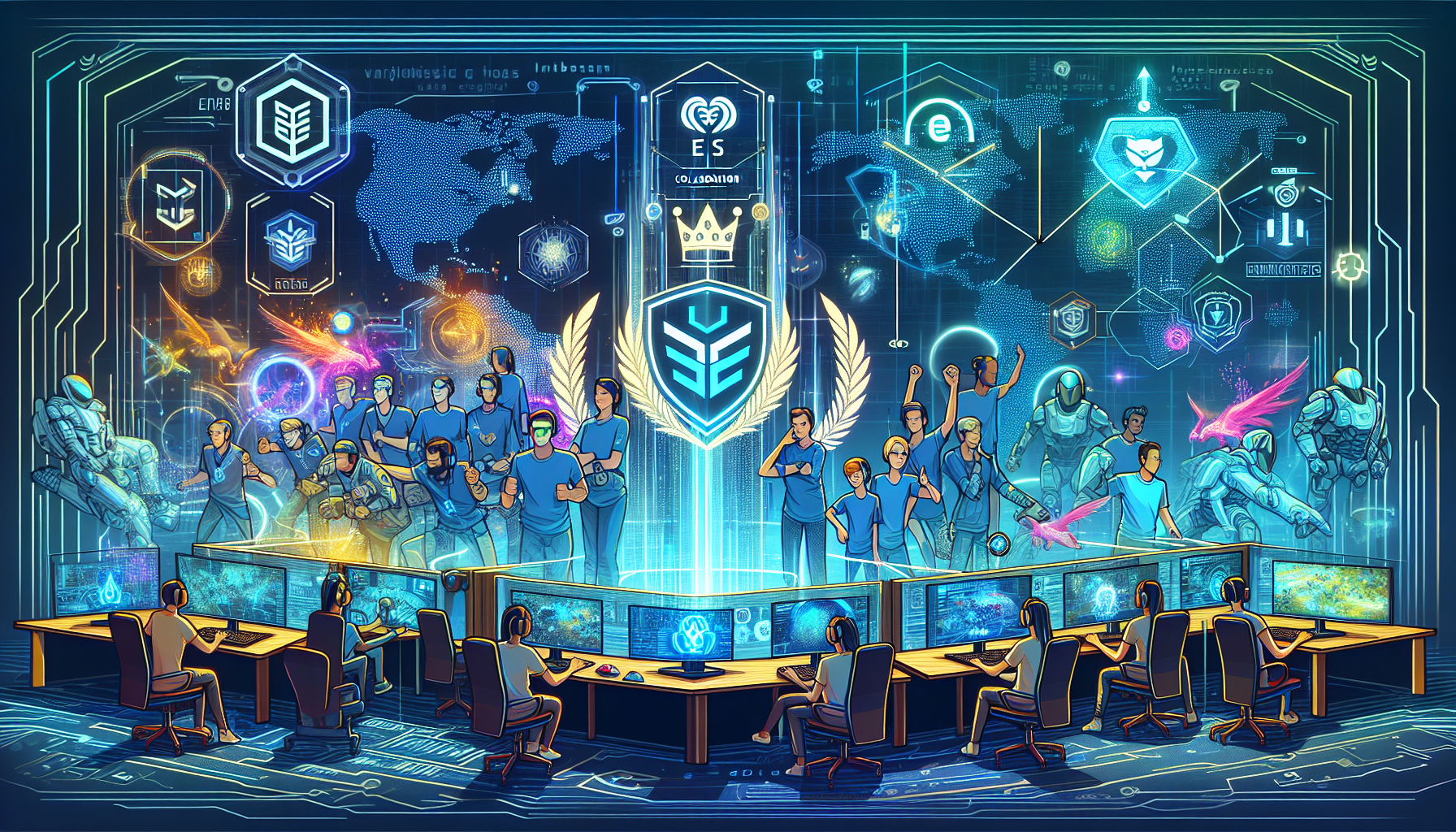 Create an image depicting the future of Tundra Esports in a visionary and dynamic manner. The scene should emphasize strategic goals, global influence, and a collaborative spirit. Include futuristic elements like advanced gaming technology, holographic displays showcasing Tundra Esports