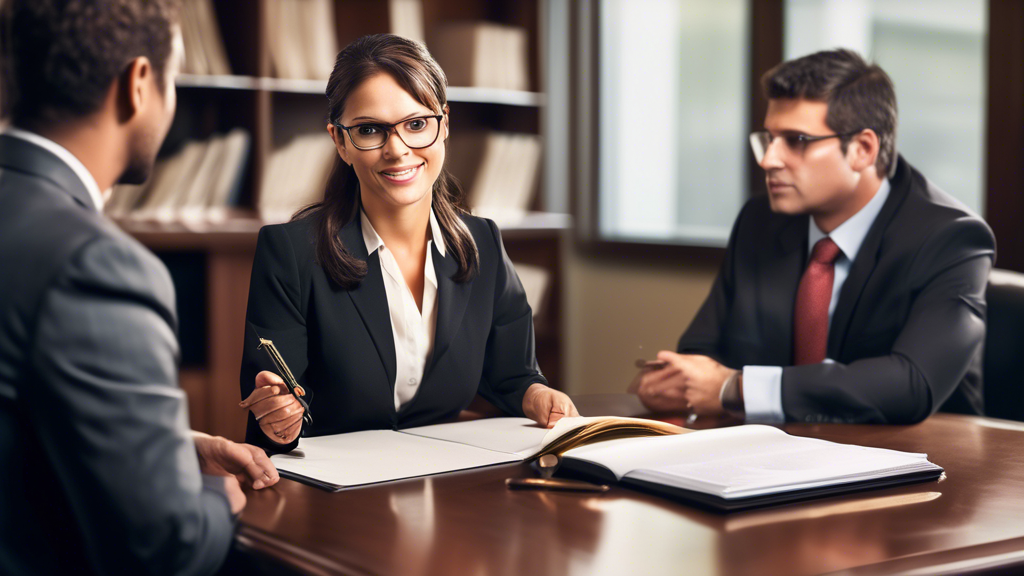 Create an image that portrays a confident, professional attorney speaking to a potential client in a well-appointed office. The attorney should appear knowledgeable and trustworthy, with legal books and certificates visible in the background. The client should look engaged, asking questions and taking notes. The image should emphasize clear communication, trust, and expertise to illustrate the key qualities to look for in an attorney for an injury claim.