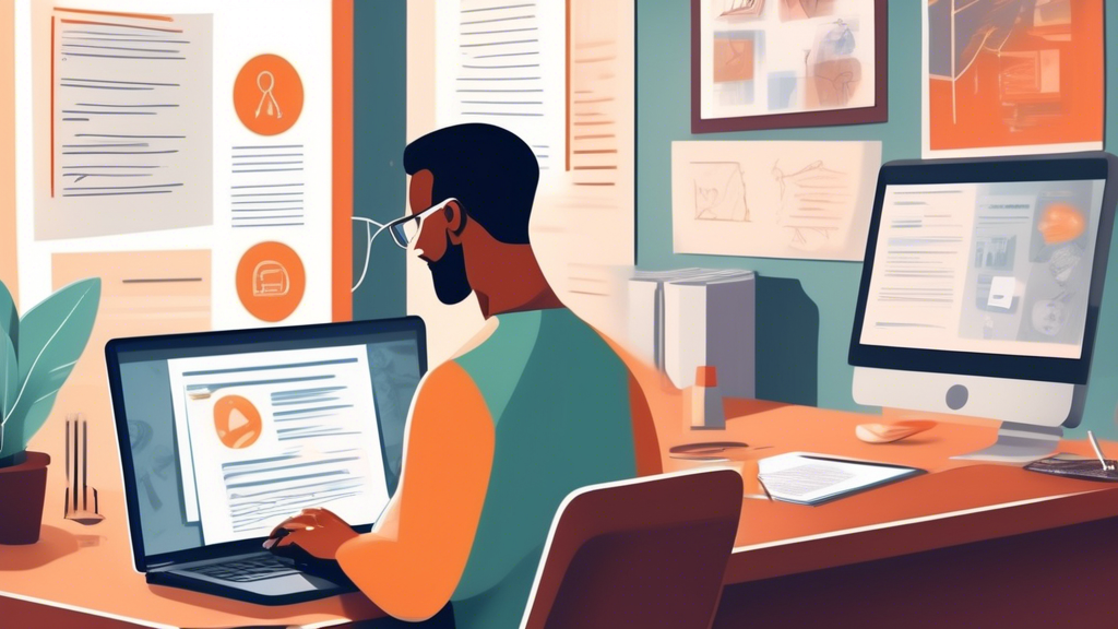 Create a detailed, realistic illustration showing a person conducting research on their laptop, speaking with an attorney on a webcam, and reviewing documents related to injury claims. The laptop screen should display a legal website, and there should be paperwork and legal books around the workspace. Highlight the thorough, step-by-step process involved when choosing an attorney for an injury claim, emphasizing elements like gathering recommendations, having consultations, and reviewing fees and contract terms.