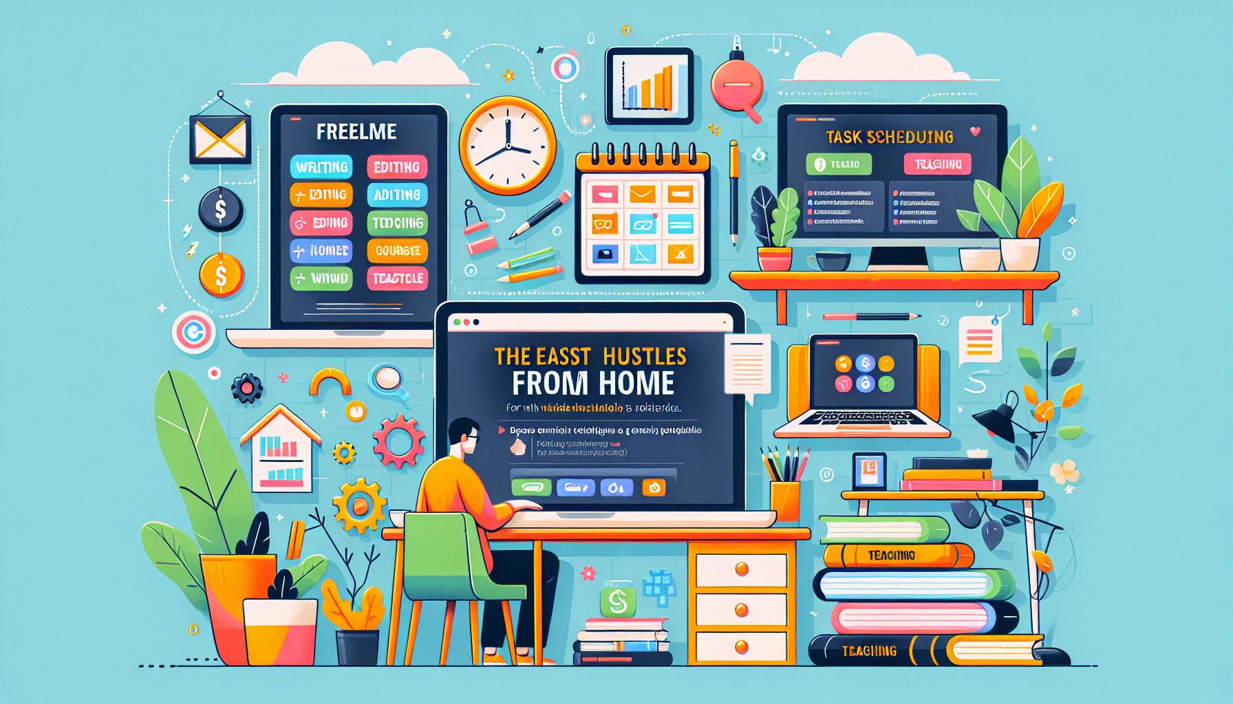 Prompt for DALL-E:

Create an image illustrating the concept of the top easiest side hustles from home in 2023. The image should depict a home office setting with a laptop open to platforms like Upwork, Fiverr, and nDash for freelance writing and editing; a person providing online tutoring on a platform like VIPKid or creating a course on Teachable or Coursera; and another individual working as a virtual assistant, organizing tasks on a website like Belay, Time Etc, or Zirtual. Include elements that represent the required skills like writing, teaching, and organizational tools (e.g., a notebook, calendar, textbooks, and task management apps).