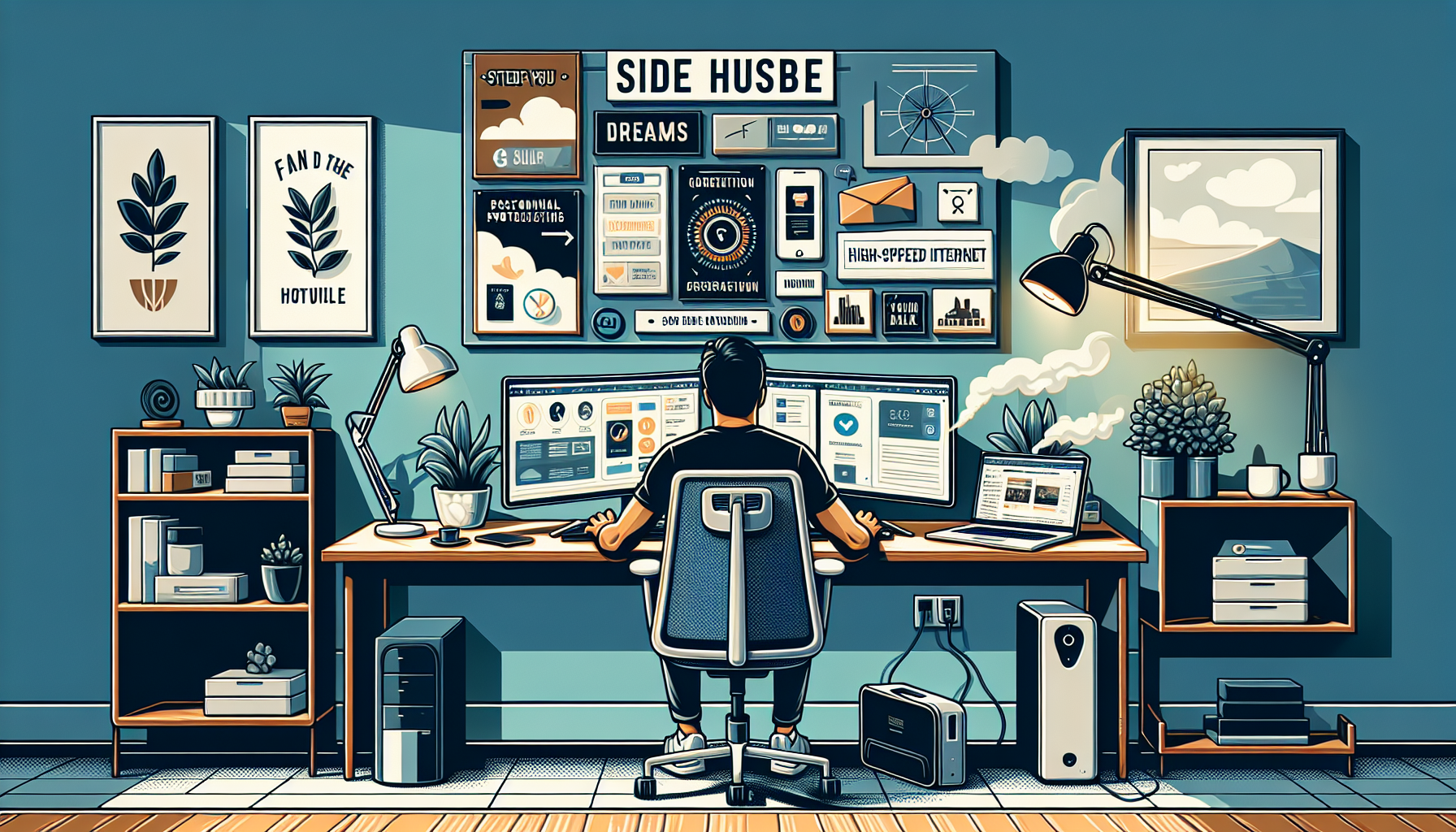 Create an image that captures the essence of How to Get Started with Your Side Hustle. The scene should include a cozy and organized home office setup with modern equipment like a laptop, dual monitors, ergonomic chair, and high-speed internet. The workspace should have motivational elements like a vision board or inspirational quotes on the wall. Additionally, depict elements of personal branding, such as a person creating a professional online profile or networking on social media. The atmosphere should be inspiring and facilitate productivity, showcasing the essentials needed for success in a side hustle from home.