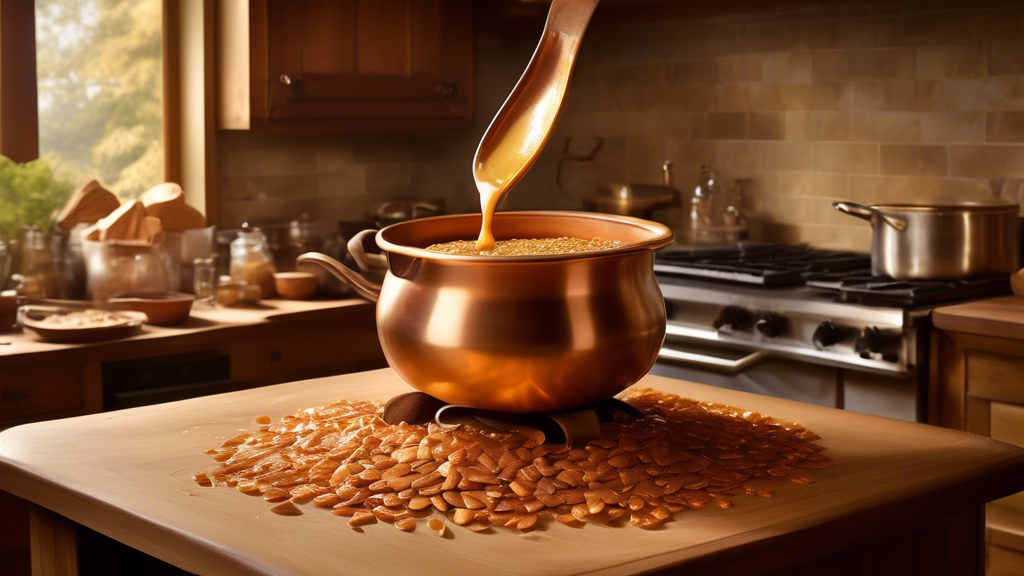 Create an artistic representation of the meticulous process of making Enstrom almond toffee in a warm, traditional kitchen setting. The image should include a close-up of golden caramel being carefully stirred in a large copper kettle, with a scatter of high-quality almonds on a wooden counter nearby. Emphasize the rich textures and natural light reflecting off the glossy toffee mixture, illustrating the perfect balance and craftsmanship that goes into every batch. Include in the background, framed customer testimonials and expert reviews praising the distinctive taste and quality of Enstrom almond toffee, subtly enhancing its allure and reputation.